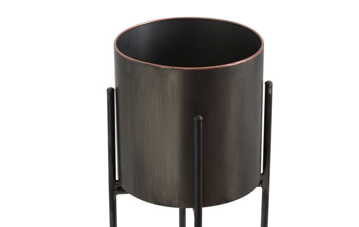 Hill Interiors Large Gun Metal Grey Cylindrical Planter On Black Frame-19505