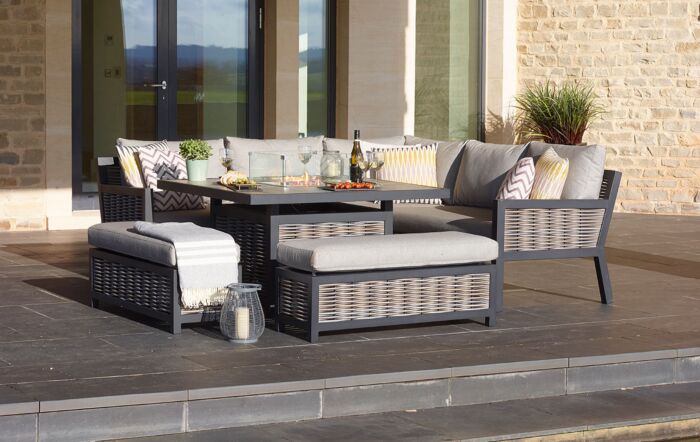 Bramblecrest Portofino Rattan Corner Firepit Set with Square Ceramic Table - Grey-X21APTSCDT4FP
