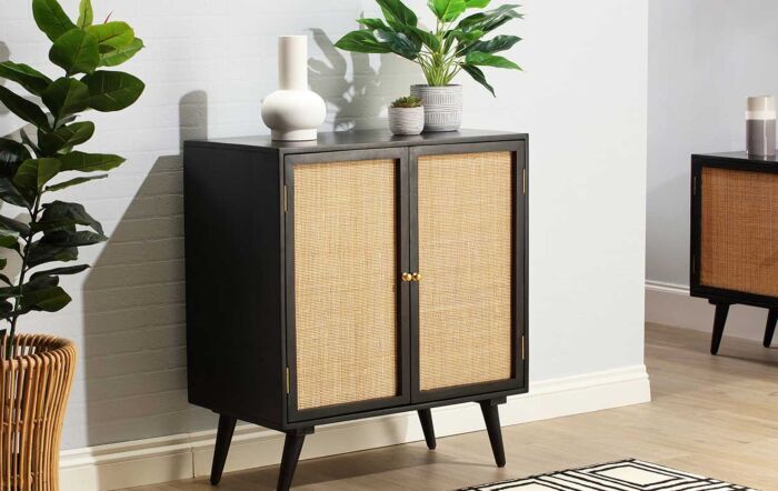 Desser Manhattan Tall 2 Door Sideboard Rattan & Wood Wine Cabinet in Black-22034
