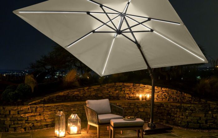 Pacific Lifestyle Challenger Glow T2 3m Square Champagne Free Arm Parasol With 90kg Wheeled Base-18-111-CH-18-125