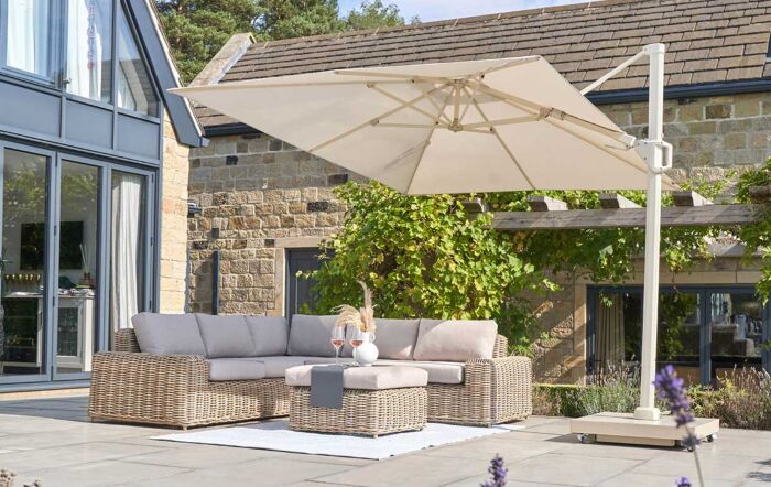Pacific Lifestyle Challenger T2 3m Square Sandstone/Champagne Free Arm Parasol With 90kg Ceramica Wheeled Base-18-148-SA-CH/18-299-SA