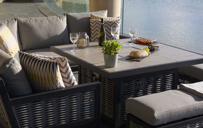 Bramblecrest Portofino Rattan Corner Firepit Set with Square Ceramic Table - Grey-X21APTSCDT4FP