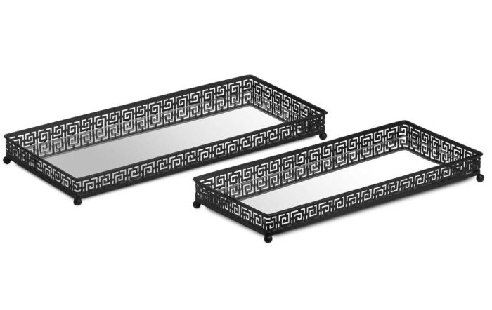 Hill Interiors Set Of Two Rectangular Aztec Black Mirrored Trays-20522