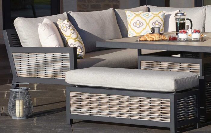 Bramblecrest Portofino Rattan Corner Firepit Set with Square Ceramic Table - Grey