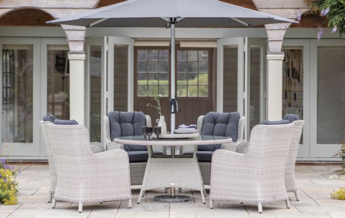 Bramblecrest Chedworth 6 Seat Round Dining Set with Lazy Susan, Parasol & Base - Dove Grey-X21WCG140RD1