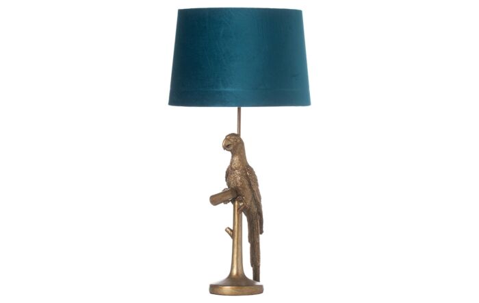 Hill Interiors Percy The Parrot Gold Table Lamp With Teal Velvet Shade-21654