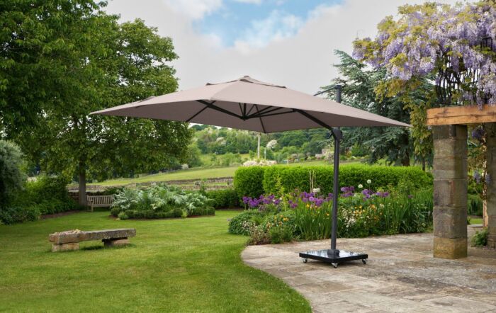 Pacific Lifestyle Challenger T2 3.5 x 2.6m Rectangular Taupe Free Arm Parasol With 90kg Wheeled Base-18-304-TA & 18-125