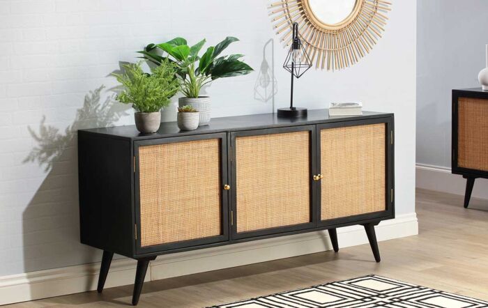 Desser Manhattan Large 3 Door Sideboard Rattan & Wood Cabinet in Black-22030