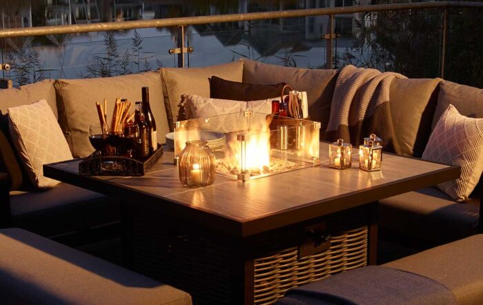 Bramblecrest Portofino Rattan Corner Firepit Set with Square Ceramic Table - Grey-X21APTSCDT4FP