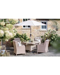 Bramblecrest Chedworth 4 Seat Round Rattan Garden Dining Set with Parasol & Base - Sandstone