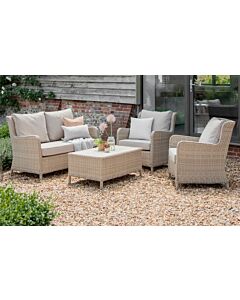 Bramblecrest Chedworth Garden Rattan 2 Seat Sofa with 2 Armchairs and Rectangle Coffee Table - Sandstone