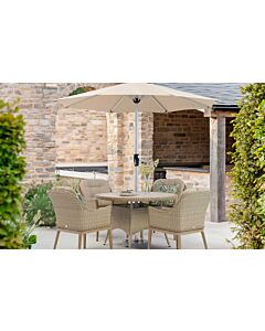 Bramblecrest Monterey 120cm Round Dining Table & 4 Deluxe Vogue Armchairs, Parasol & Base - Sandstone