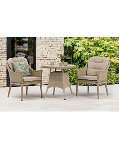 Bramblecrest Monterey 80cm Round Ceramic Top Table & 2 Deluxe Vogue Armchairs Bistro Set - Sandstone