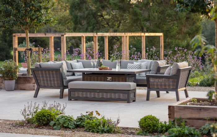 Bramblecrest Tuscan Garden L-Shape Sofa with Rectangle Firepit Table, Bench & Chair - Grey-X24TURTCDFP1