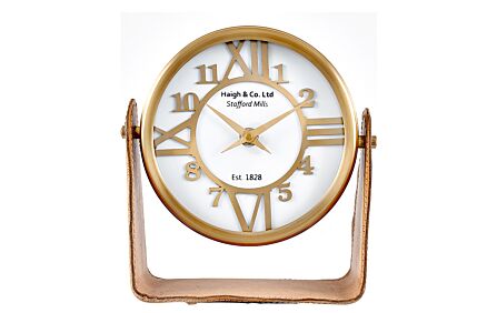 Pacific Lifestye Tan Leather And Antique Brass Table Desk Clock-75-223-AB 1