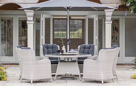 Bramblecrest Chedworth 6 Seat Round Dining Set with Lazy Susan, Parasol & Base - Dove Grey-X21WCG140RD1 1