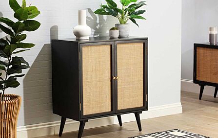 Desser Manhattan Tall 2 Door Sideboard Rattan & Wood Wine Cabinet in Black-22034 1
