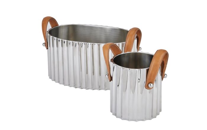 Hill Interiors Large Silver Fluted Leather Handled Champagne Cooler-22567