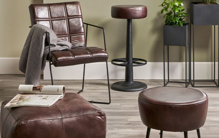 Pacific Lifestyle Marco Mahogany Leather and Iron Round Bar Stool