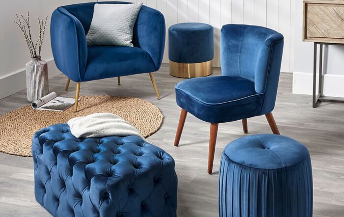 Pacific Lifestyle Juliana Sapphire Blue Velvet Pouffe with Gold Base-15-290-SB