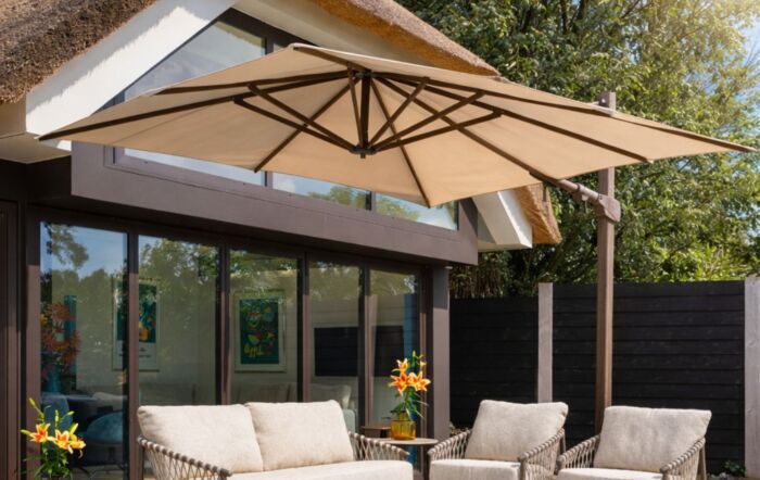 4 Seasons Outdoor Siesta Premium 3mt Square Wenge Parasol with 125kg Granite Base in Beach