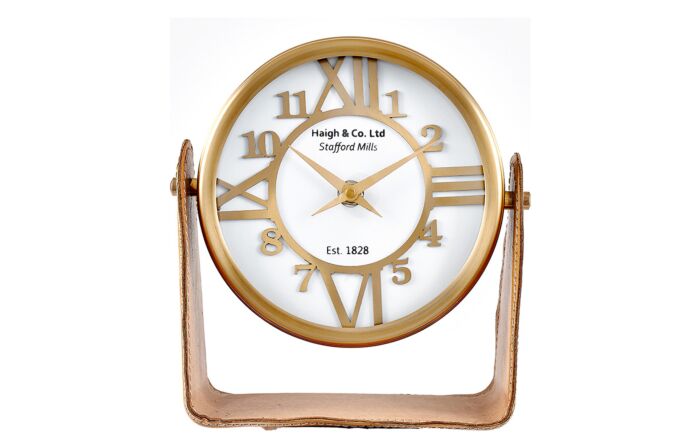 Pacific Lifestye Tan Leather And Antique Brass Table Desk Clock-75-223-AB 1