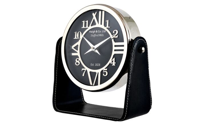 Pacific Lifestyle Black Leather And Nickel Table Clock