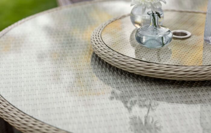 Bramblecrest Chedworth 6 Seat Round Dining Set with Lazy Susan, Parasol and Base - Sandstone-X20WCW140RD1