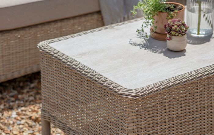 Bramblecrest Chedworth Garden Rattan 2 Seat Sofa with 2 Armchairs and Rectangle Coffee Table - Sandstone-X21WCWCS2C