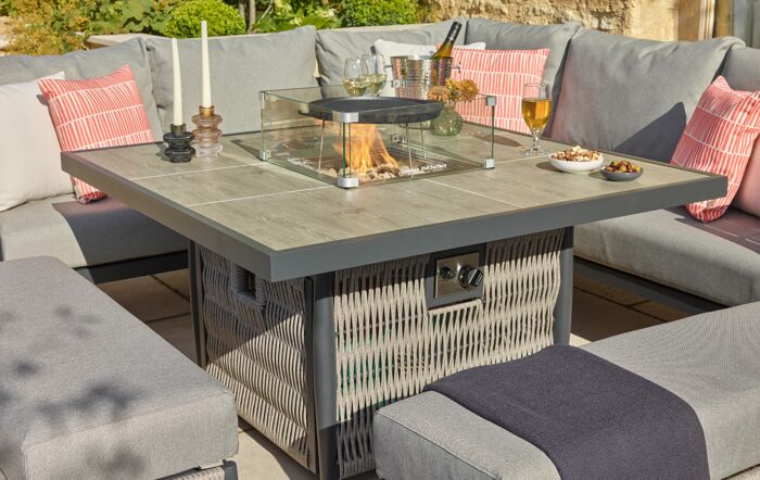 Bramblecrest Garden Furniture - Mauritius Grey Corner Sofa with Square Firepit Table & 2 Benches 1