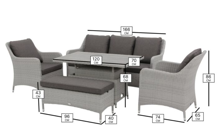 Bramblecrest Tetbury 3 Seat Rattan Sofa Set with Adjustable Table & Tree-Free Top - Graphite-X26TYGM04