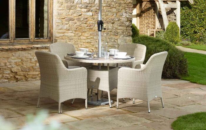 Bramblecrest Tetbury 4 Seater Round Dining Set with Parasol & Base - Nutmeg-X20WKN110RD3 1