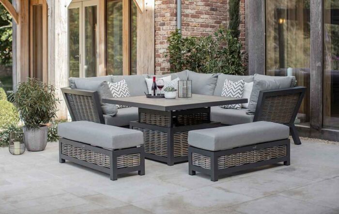Bramblecrest Tuscan Rattan Corner Sofa Set with Adjustable Square Table - Grey