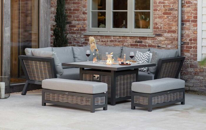 Bramblecrest Tuscan Corner Sofa Garden Set with Firepit Table - Grey