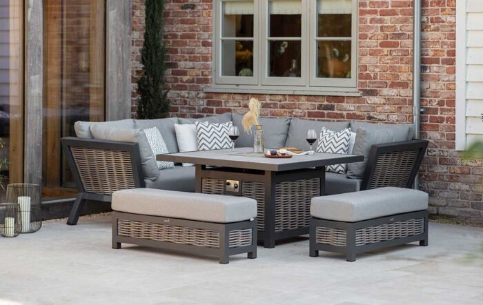 Bramblecrest Tuscan Corner Sofa Garden Set with Firepit Table - Grey-X21ATUSCDT1FP