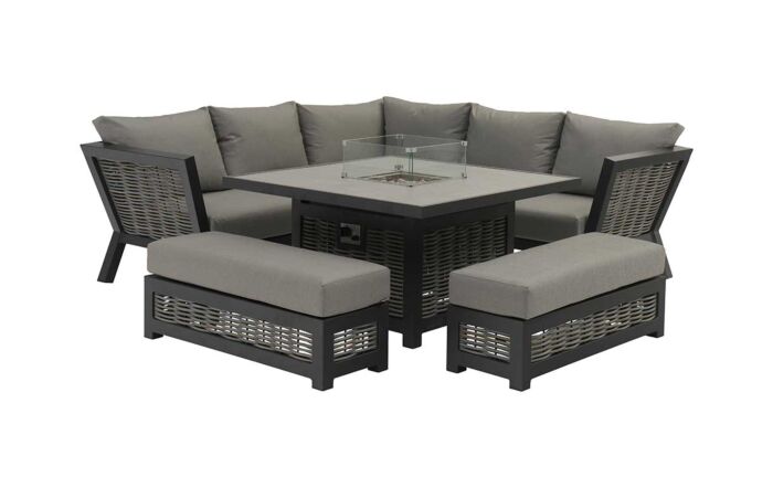 Bramblecrest Tuscan Corner Sofa Garden Set with Firepit Table - Grey-X21ATUSCDT1FP