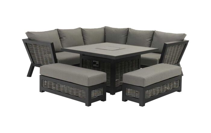 Bramblecrest Tuscan Corner Sofa Garden Set with Firepit Table - Grey-X21ATUSCDT1FP