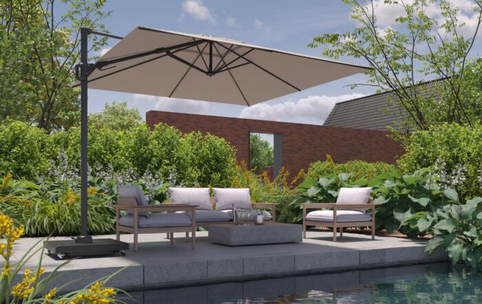 Pacific Lifestyle Challenger T2 3m Square Champagne Free Arm Parasol With 90kg Wheeled Base-18-148-CH& 18-125