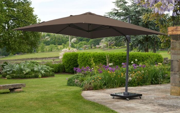 Pacific Lifstyle Challenger T2 3.5m x 2.6m Premium Havana Taupe Free Arm Parasol & 90kg Wheeled Base