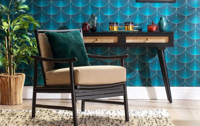 Desser Borneo Black Wicker Chair with Boucle Latte Cushion-201209