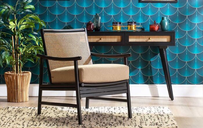 Desser Borneo Black Wicker Chair with Boucle Latte Cushion