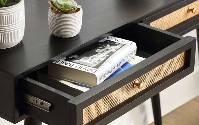 Desser Manhattan 2 Drawer Cane & Wood Console Table in Black-22040