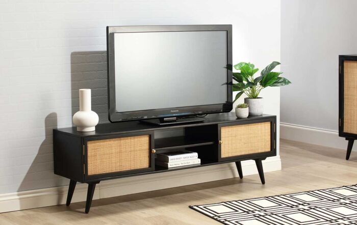Desser Manhattan Wide Rattan & Wood TV Stand with Storage in Black