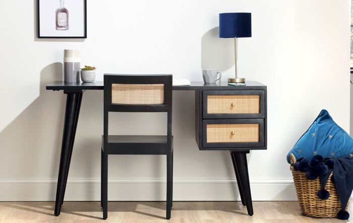 Desser Venice 2 Drawer Cane & Wood Dressing Table Desk & Chair Set In Black-22054