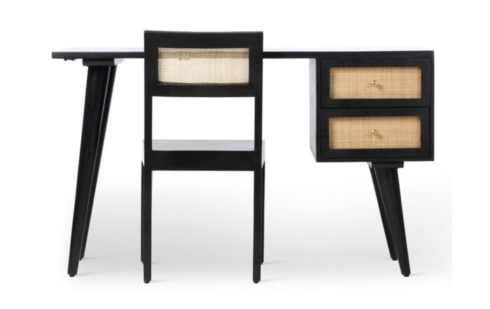 Desser Venice 2 Drawer Cane & Wood Dressing Table Desk & Chair Set In Black