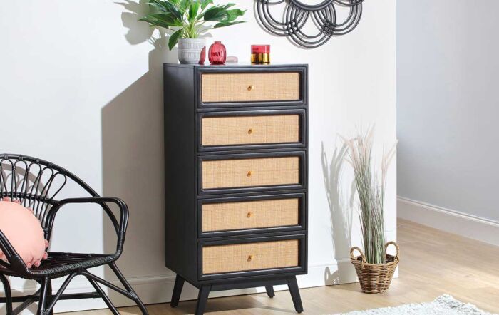 Desser Venice Tall 5 Drawer Unit Rattan & Mango Wood in Black