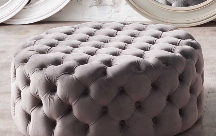 Pacific Lifestyle Velvet Round Buttoned Pouffe-Dove Grey
