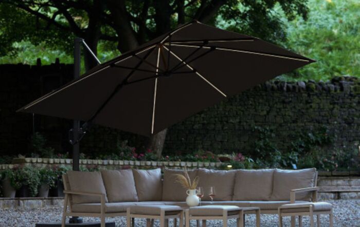 Pacific Lifestyle Glow Challenger T2 3m Square Havana Taupe Free Arm Parasol With 90kg Wheeled Base-18-190-HV & 18-125