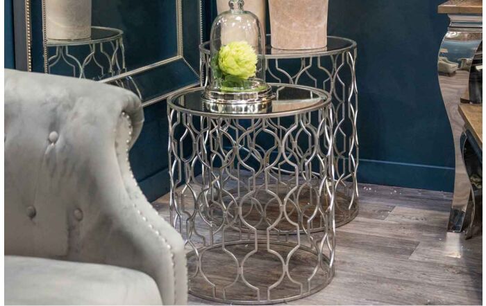Hill Interiors Set Of 2 Arabesque Silver Foil Mirrored Side Tables-18900