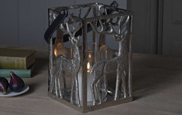 Hill Interiors Silver Stag Hurricane Square Lantern With Black Strap-22706